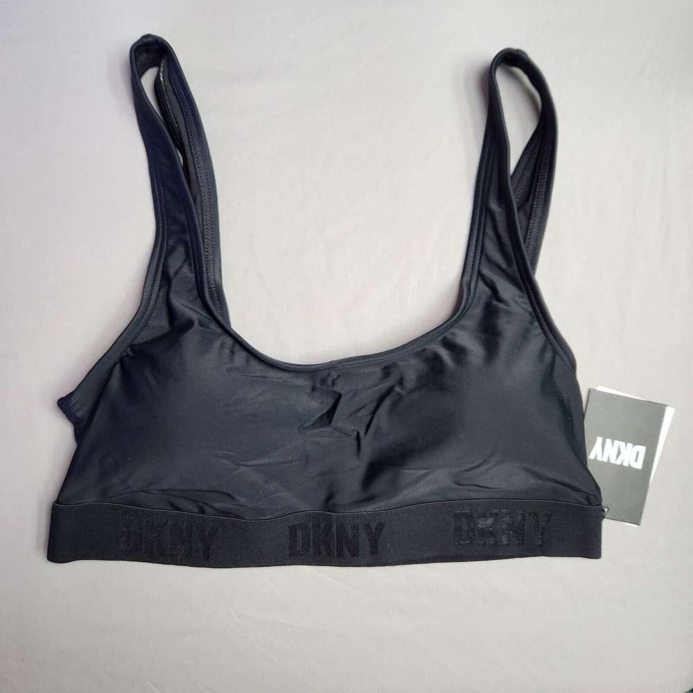 DKNY Bikini Top Scoop Neck Logo Sports Bra Bralette Black Logo Band New‎ Size L